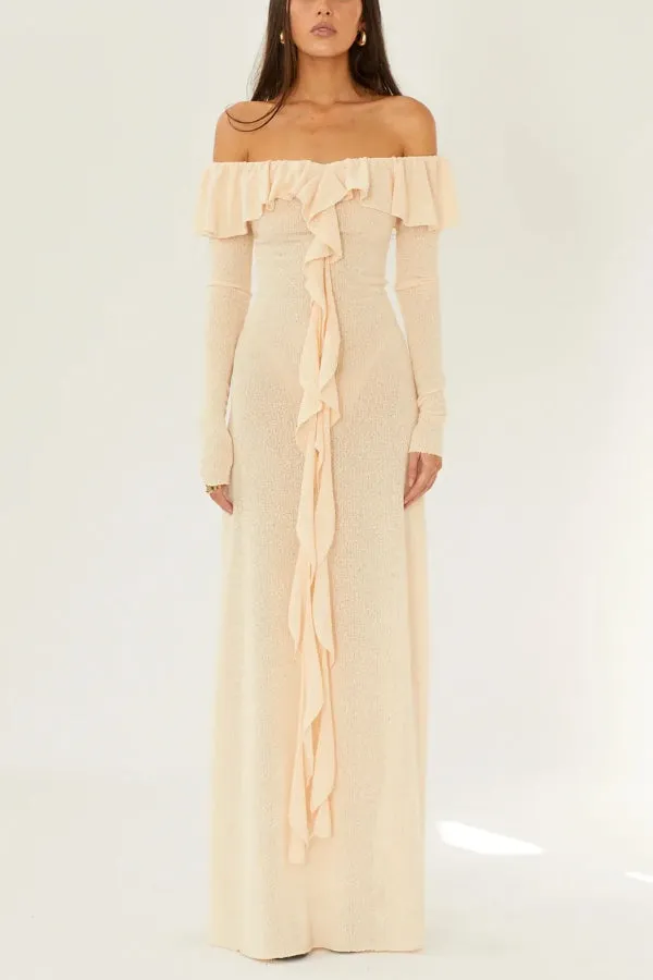 Darling Way Knit Off Shoulder Long Sleeve Drape Ruffles Slit Stretch Maxi Dress