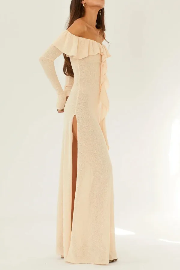 Darling Way Knit Off Shoulder Long Sleeve Drape Ruffles Slit Stretch Maxi Dress