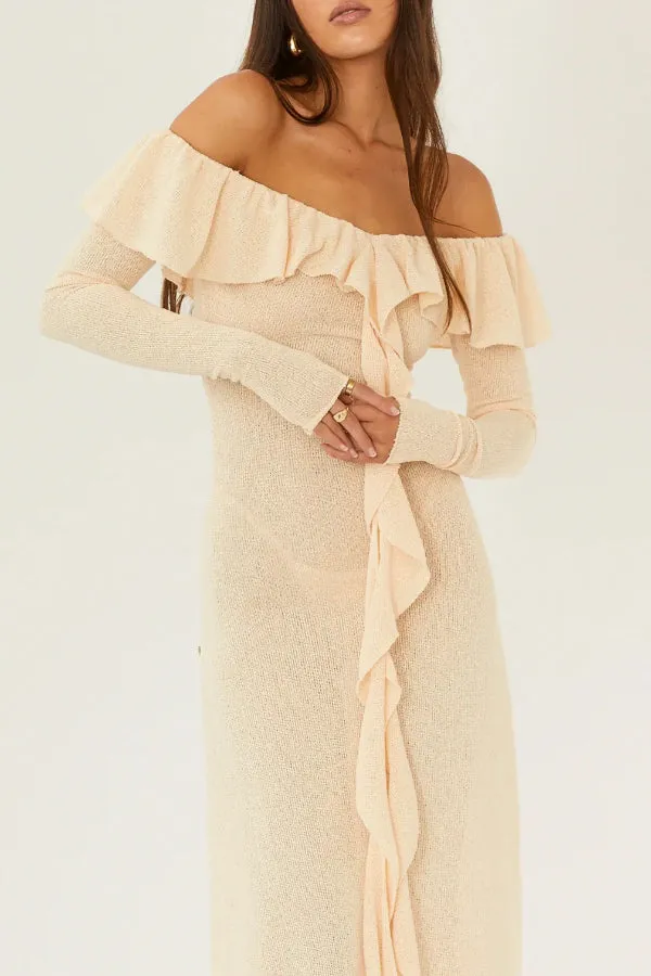 Darling Way Knit Off Shoulder Long Sleeve Drape Ruffles Slit Stretch Maxi Dress