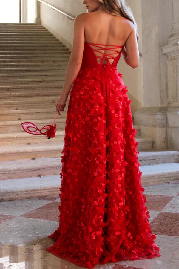 Daydream Off Shoulder Embroidered Tulle Floral Back Lace-up Prom Formal Maxi Dress
