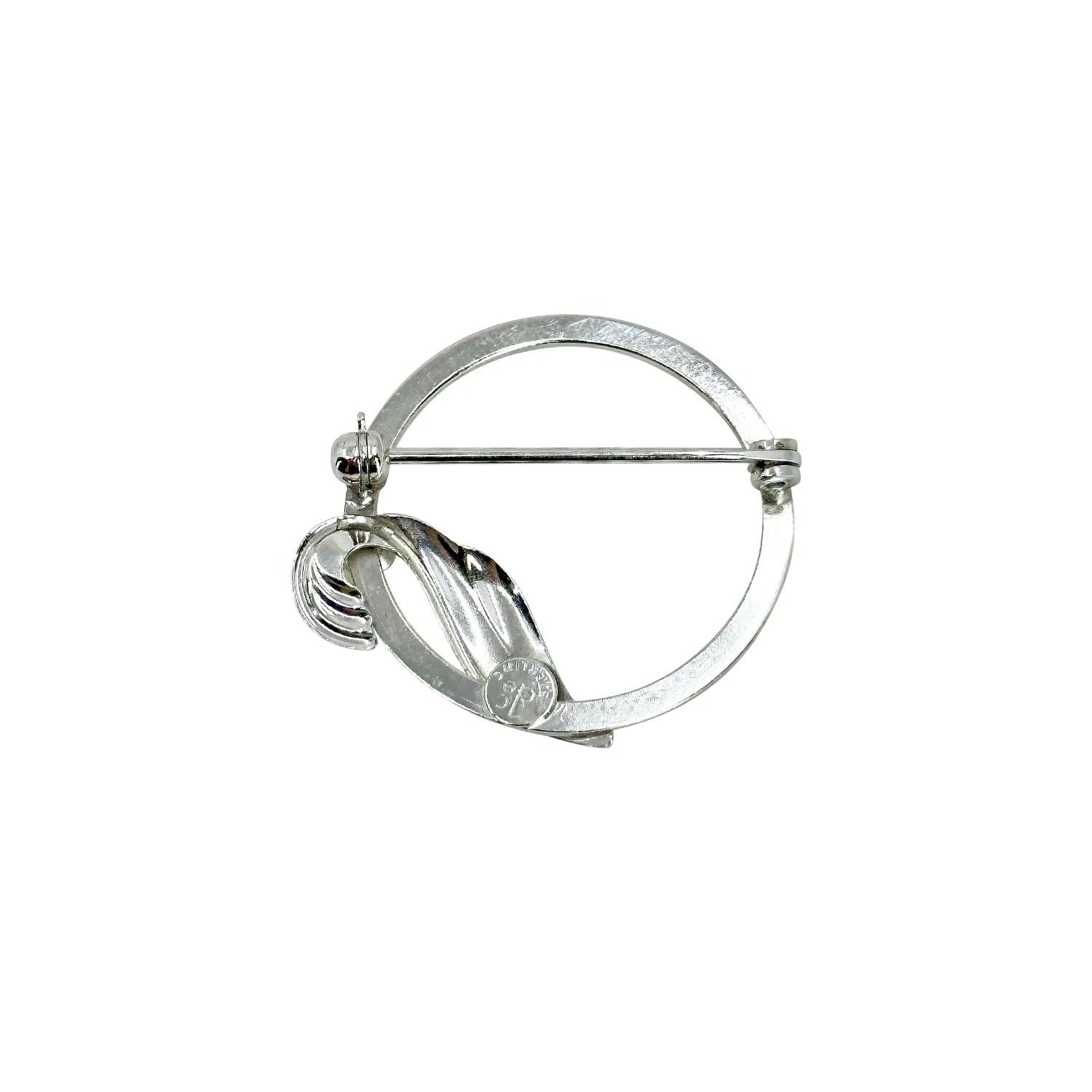 De Curtis Brushed Leaf Japanese Saltwater Akoya Cultured Pearl Vintage Circle Brooch- Sterling Silver