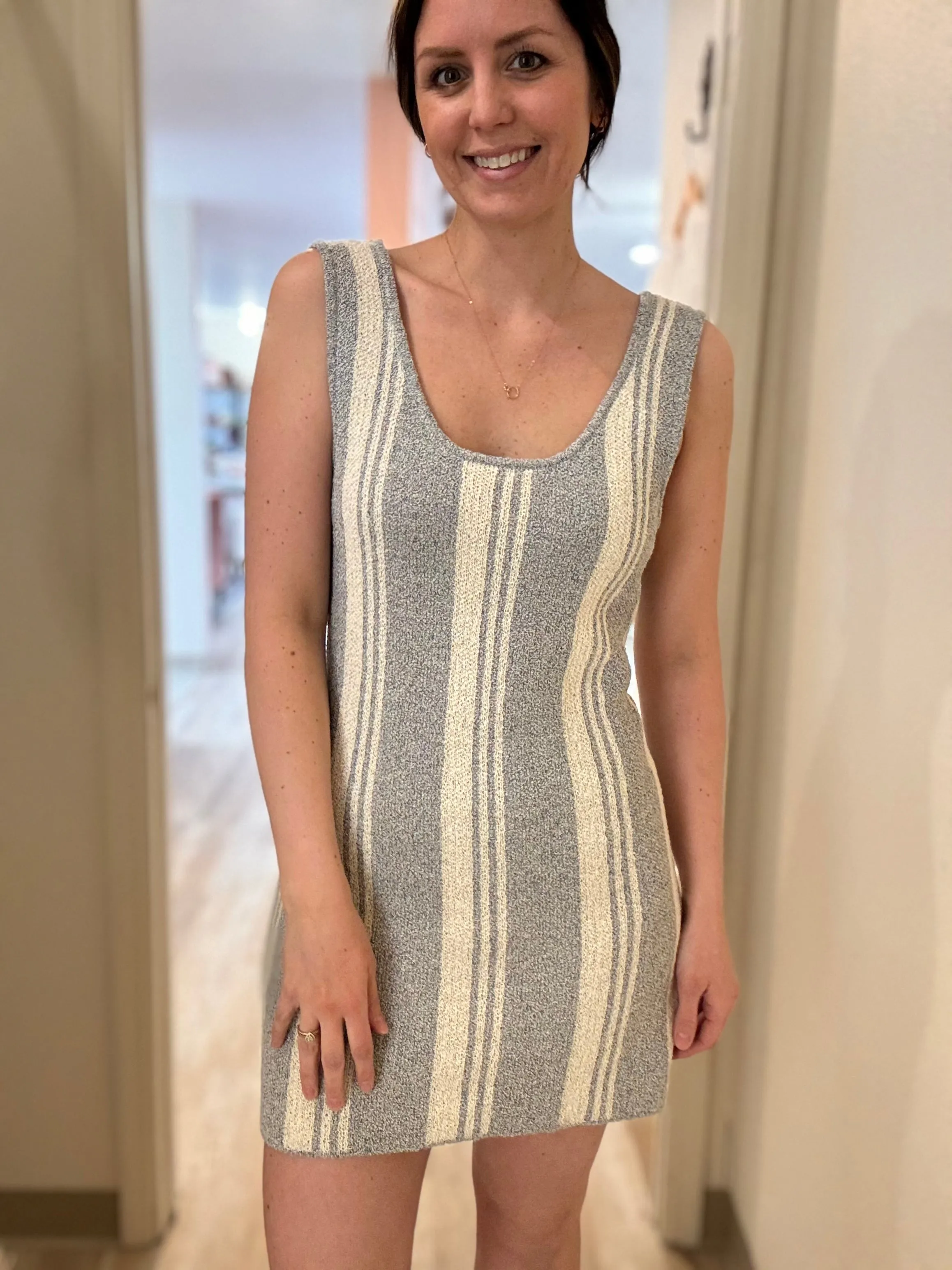 denim   cream stripe knit dress