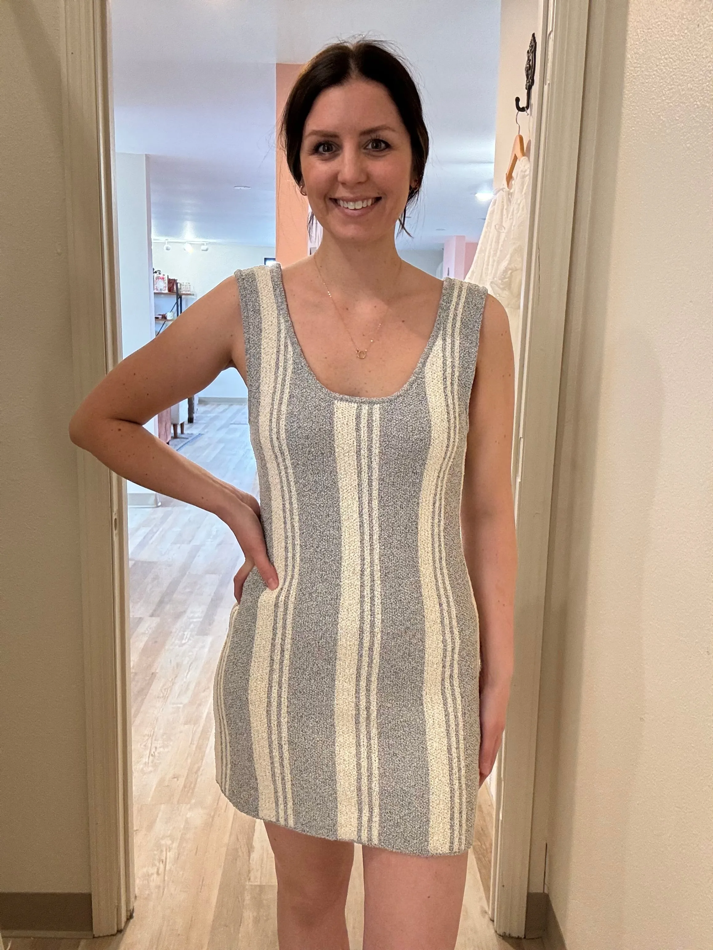 denim   cream stripe knit dress