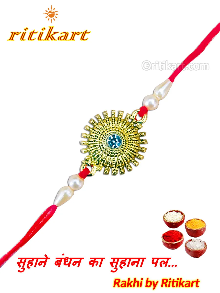 Designer Golden Flower with White Stone Rakhi