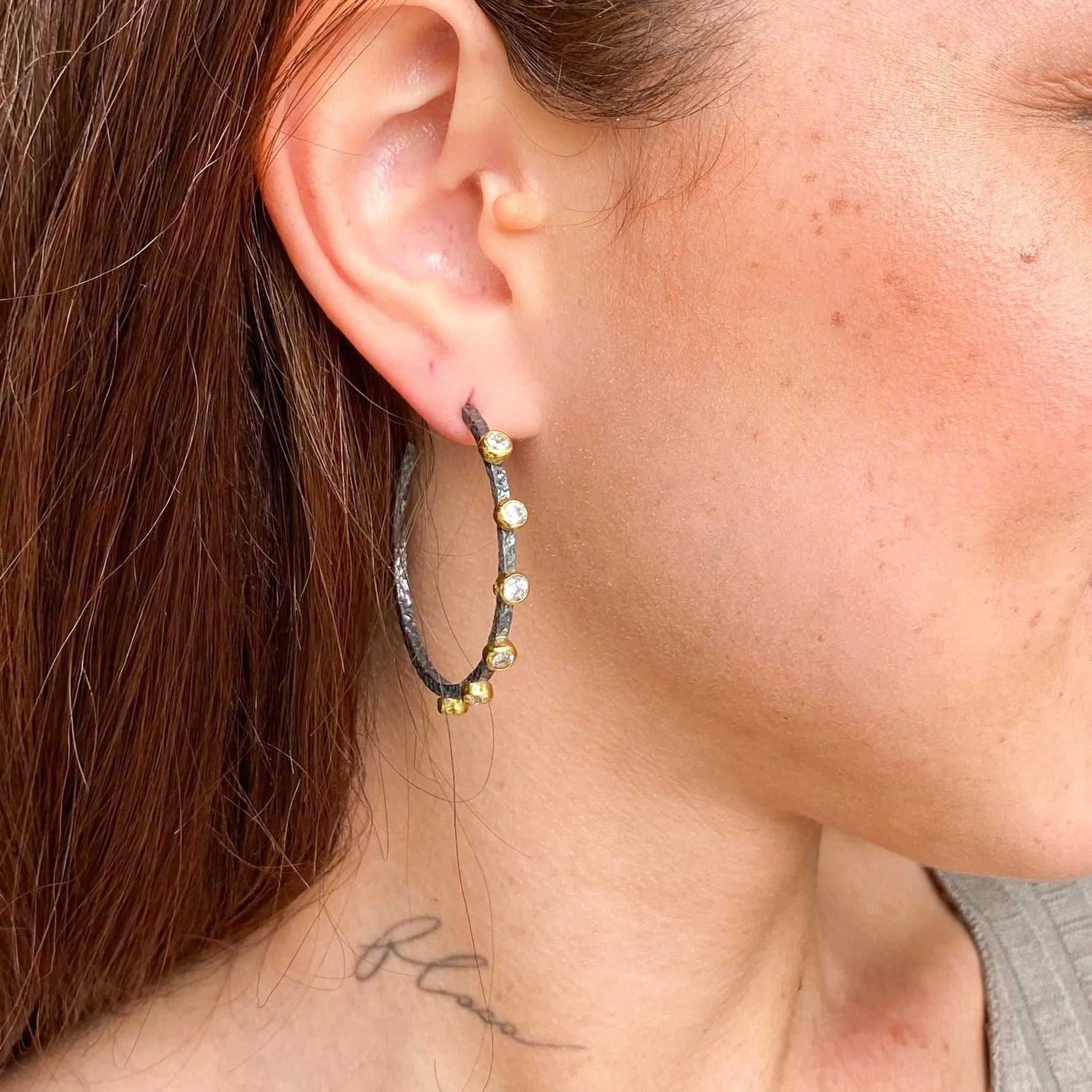 Designer Mixed Metal White Zirconium  Hoops