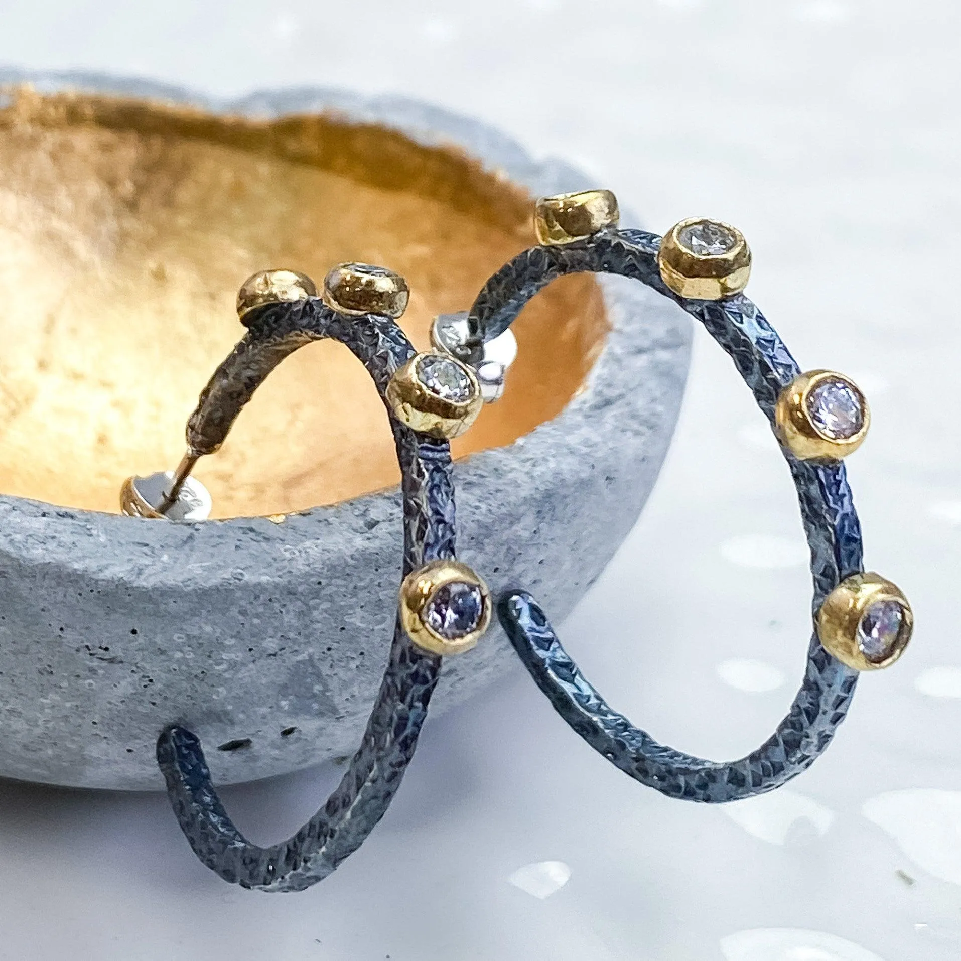 Designer Mixed Metal White Zirconium  Hoops