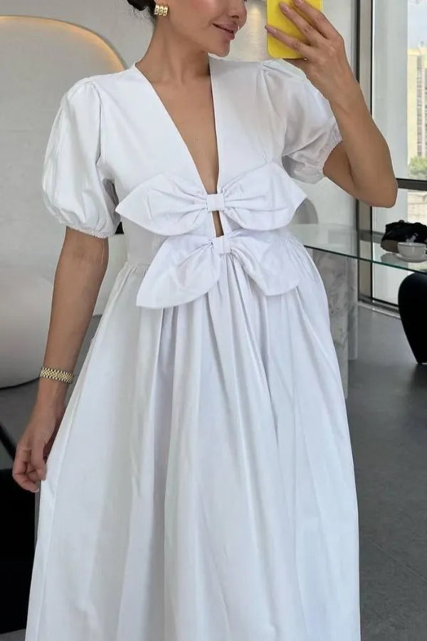 Devon Front Double Bow Detail Puff Sleeve Pocketed Maxi Dress