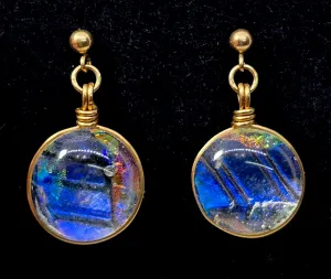 Dichroic glass open work yellow gold filled post vintage earrings