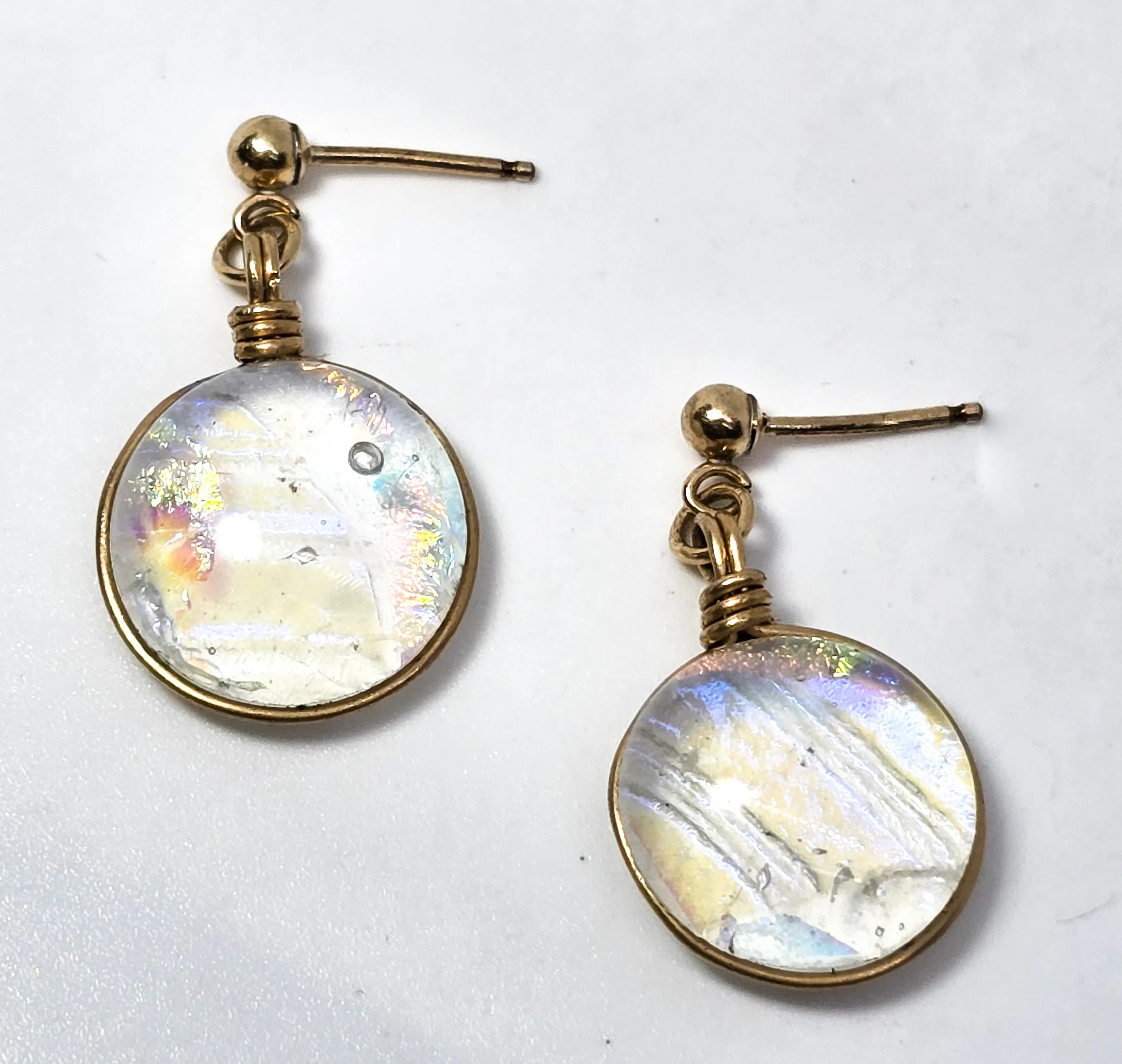 Dichroic glass open work yellow gold filled post vintage earrings