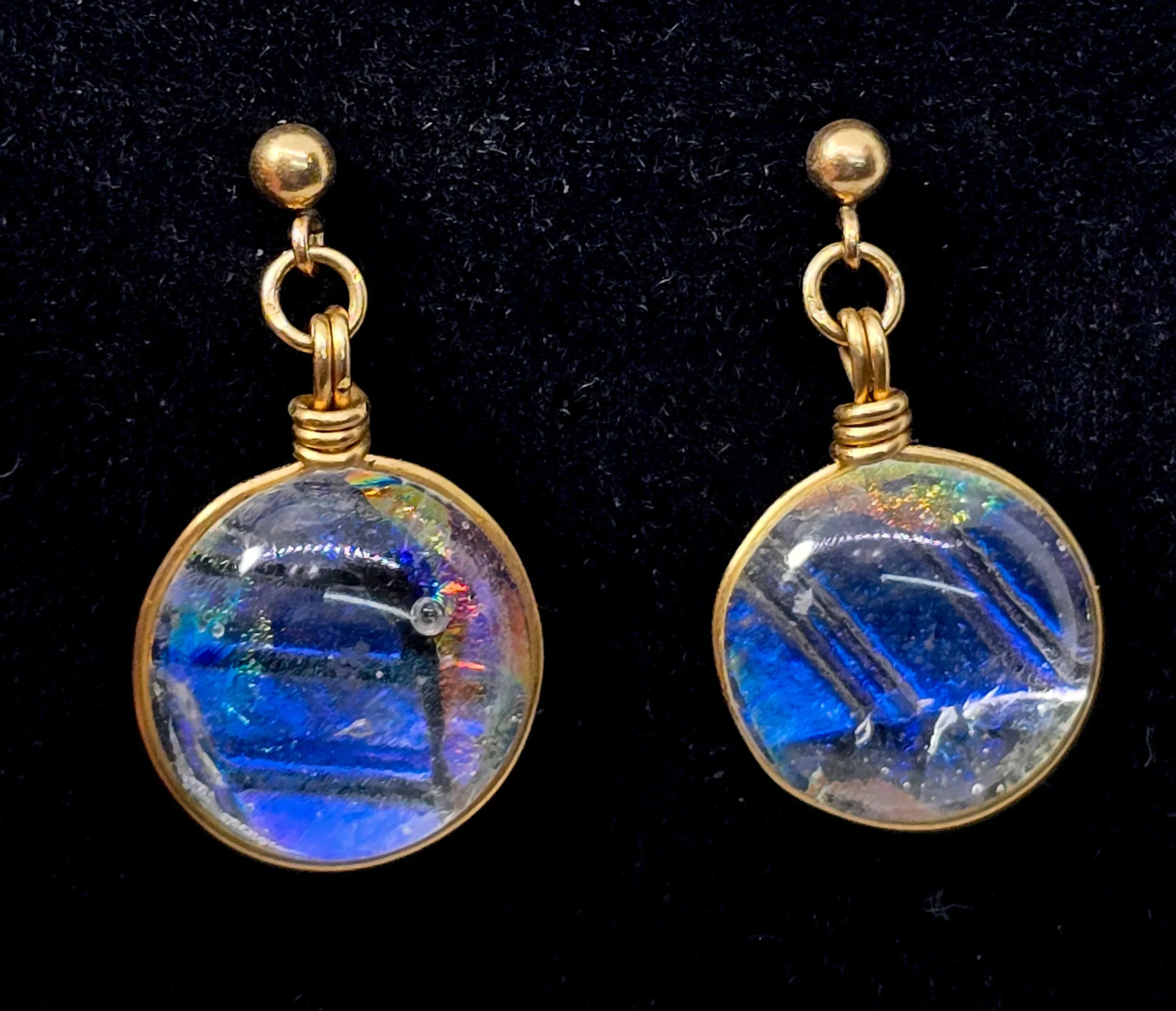 Dichroic glass open work yellow gold filled post vintage earrings