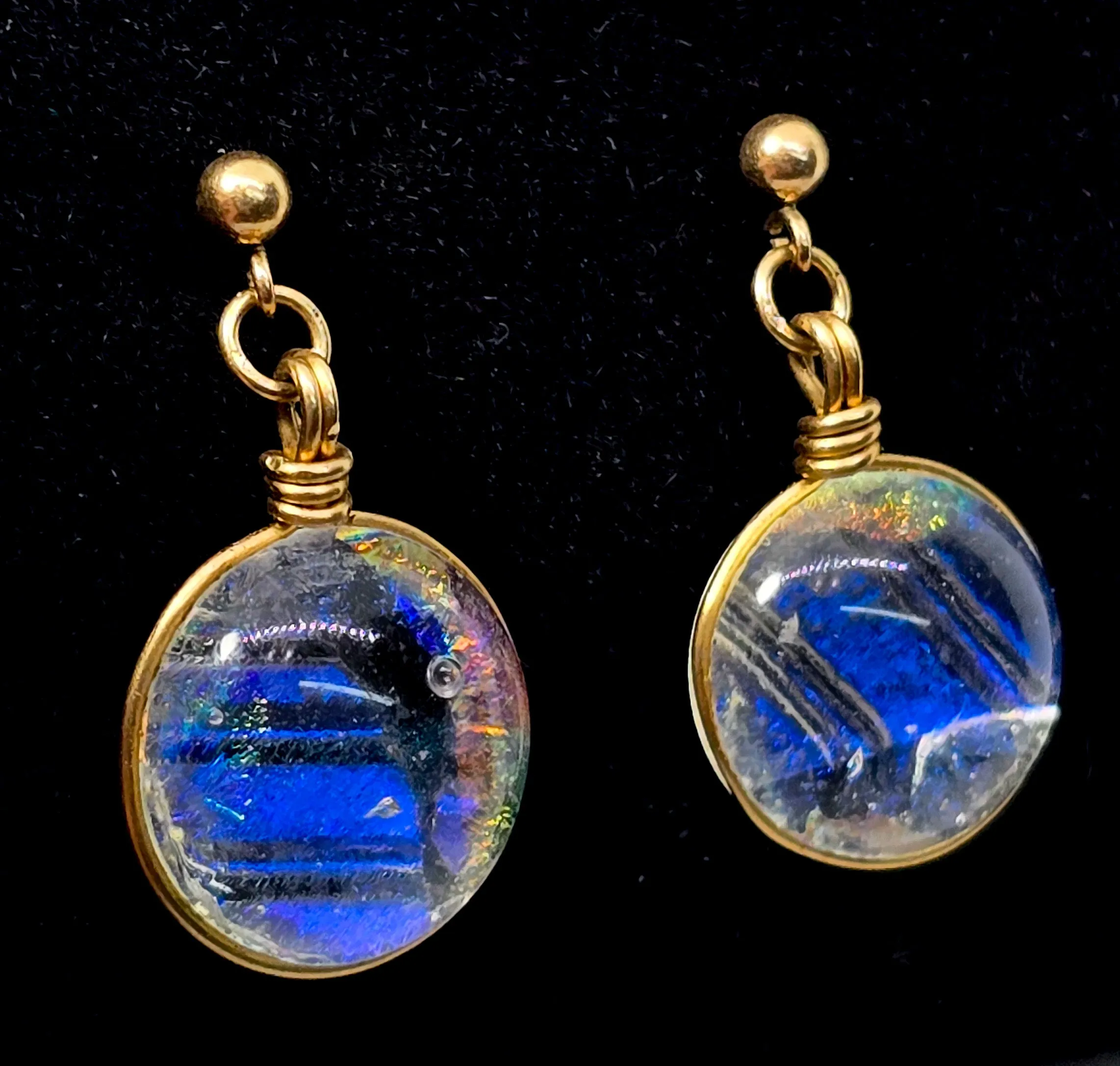 Dichroic glass open work yellow gold filled post vintage earrings