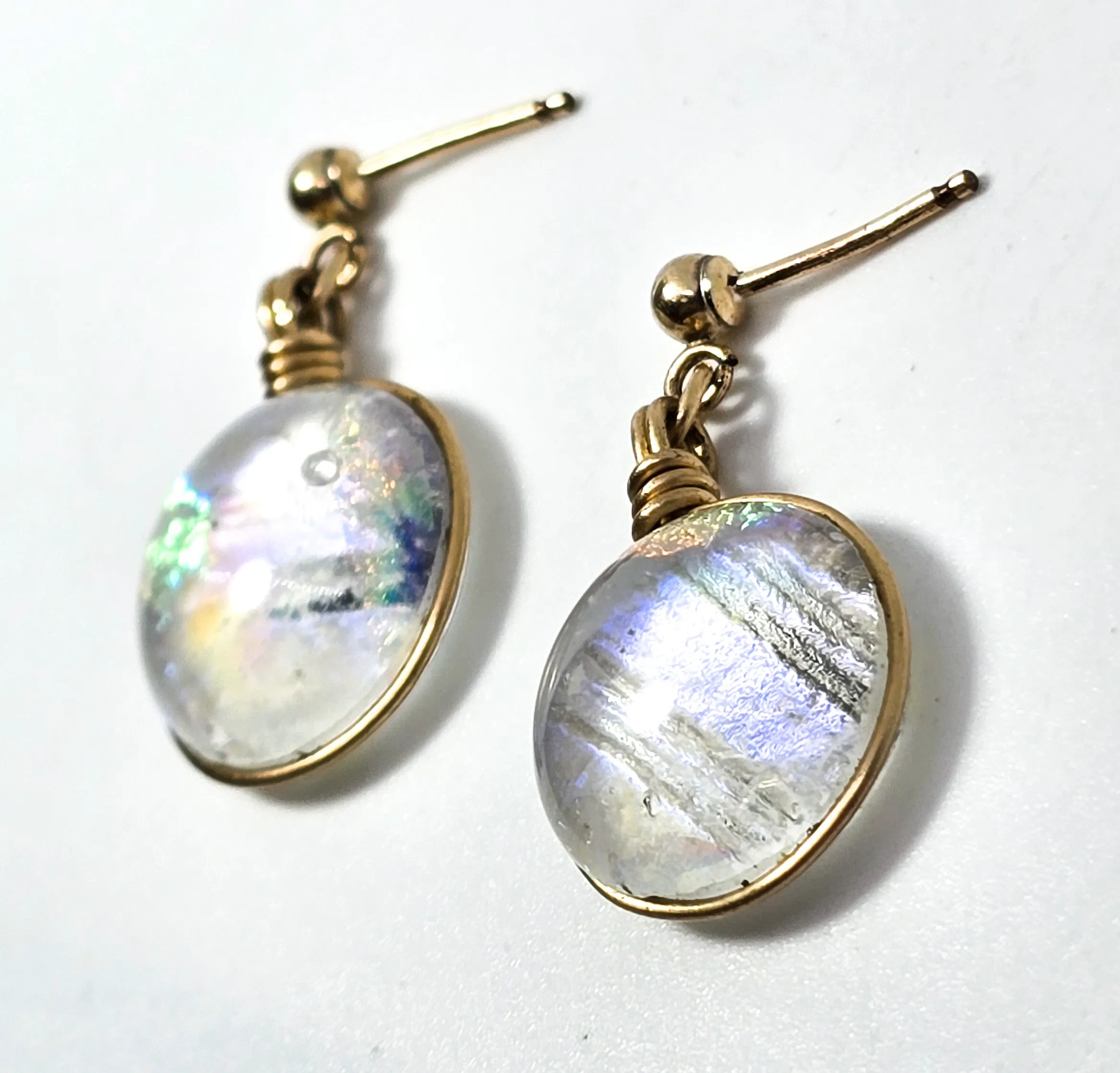 Dichroic glass open work yellow gold filled post vintage earrings