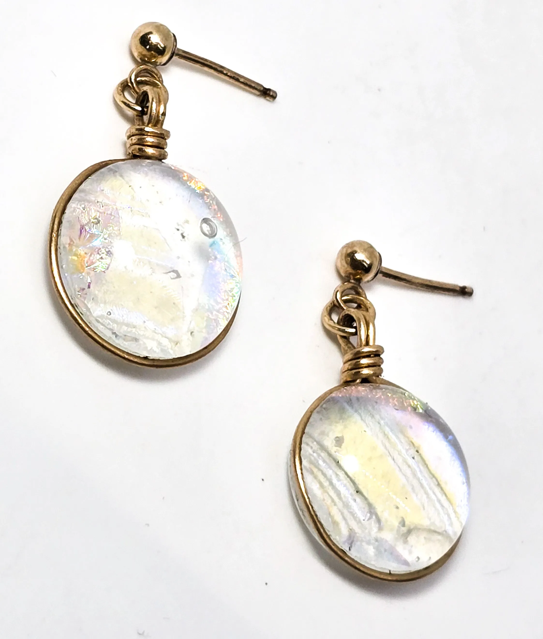 Dichroic glass open work yellow gold filled post vintage earrings