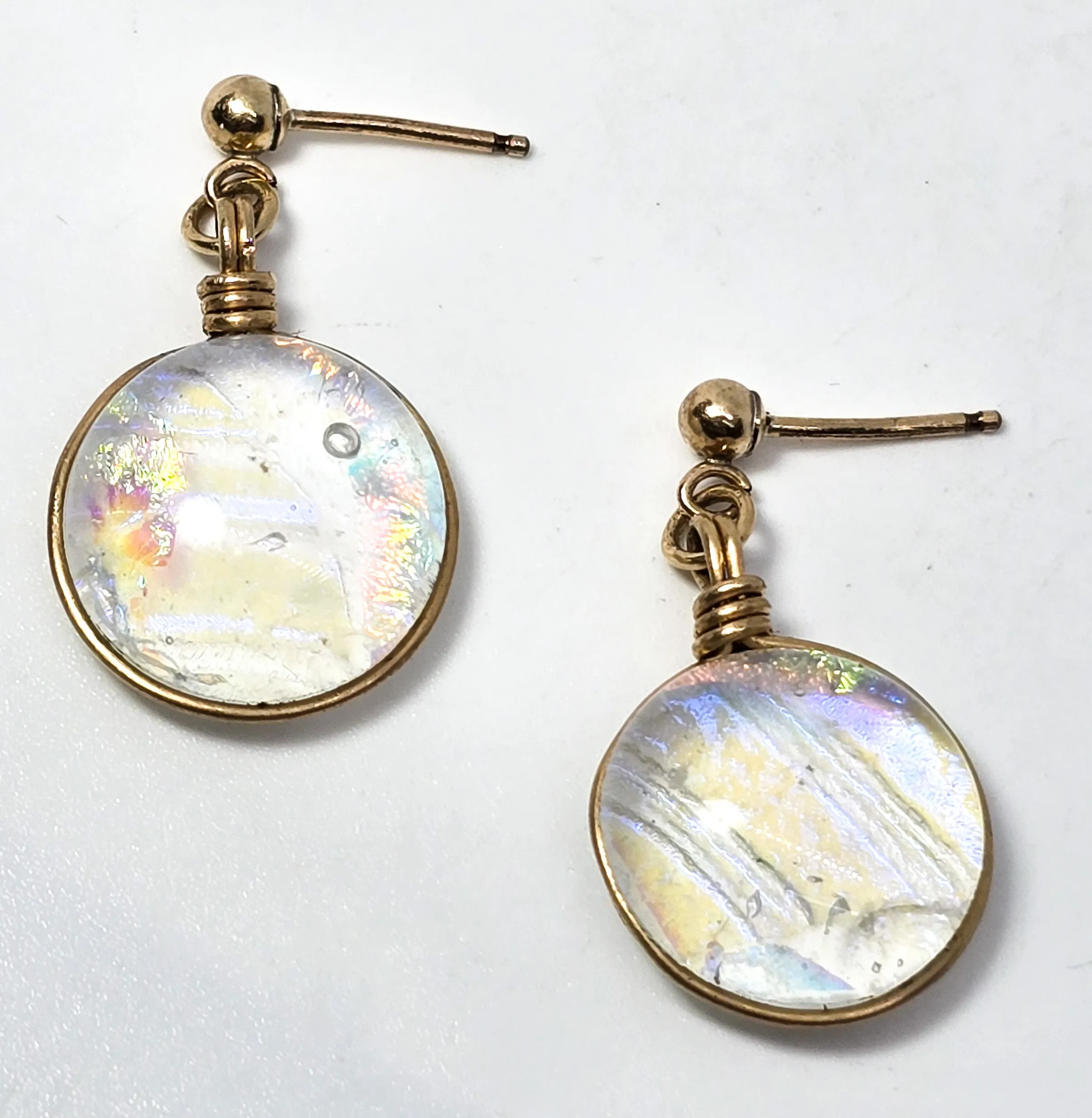 Dichroic glass open work yellow gold filled post vintage earrings