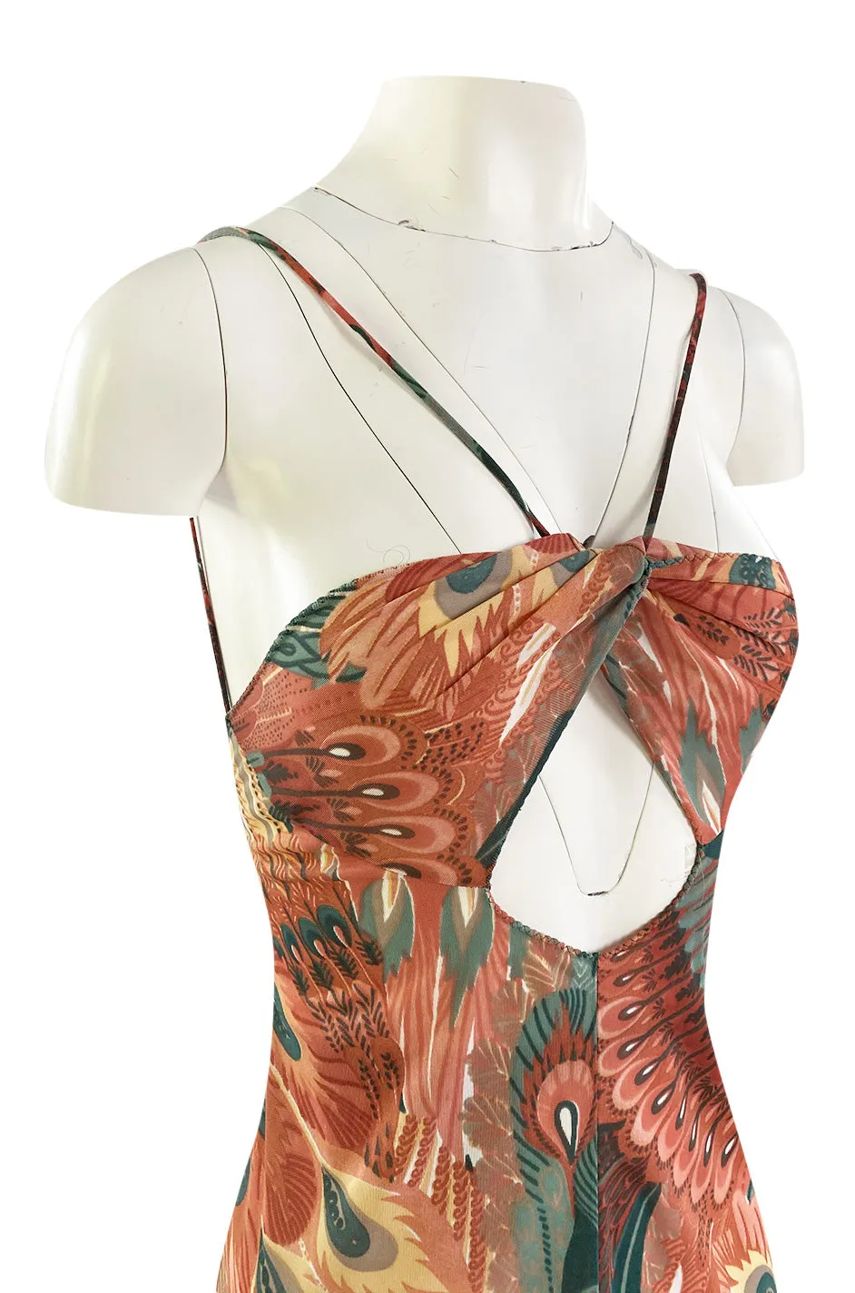 Documented 1976 John Kloss Feather Printed Front Cut Out Nylon Jersey Dress