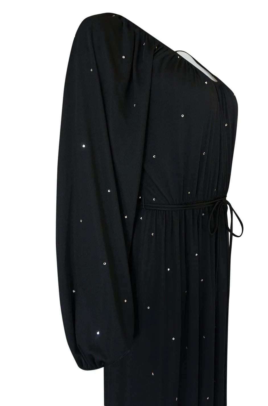 Documented c.1972 Donald Brooks Black Rhinestone Detailed Black Silk Jersey Dress