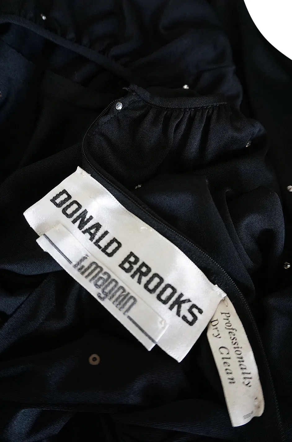 Documented c.1972 Donald Brooks Black Rhinestone Detailed Black Silk Jersey Dress