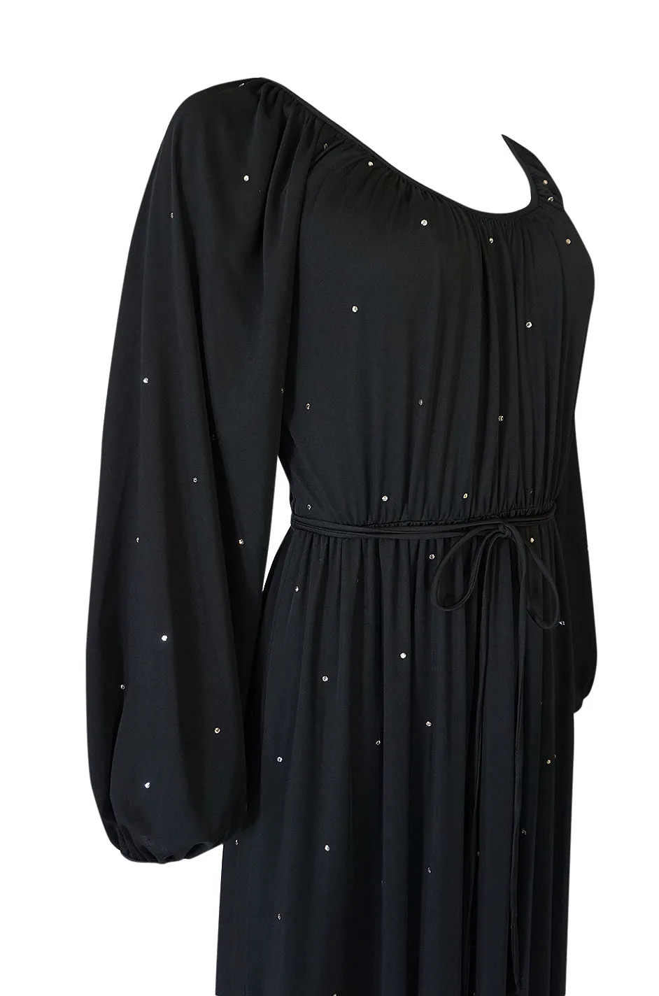 Documented c.1972 Donald Brooks Black Rhinestone Detailed Black Silk Jersey Dress