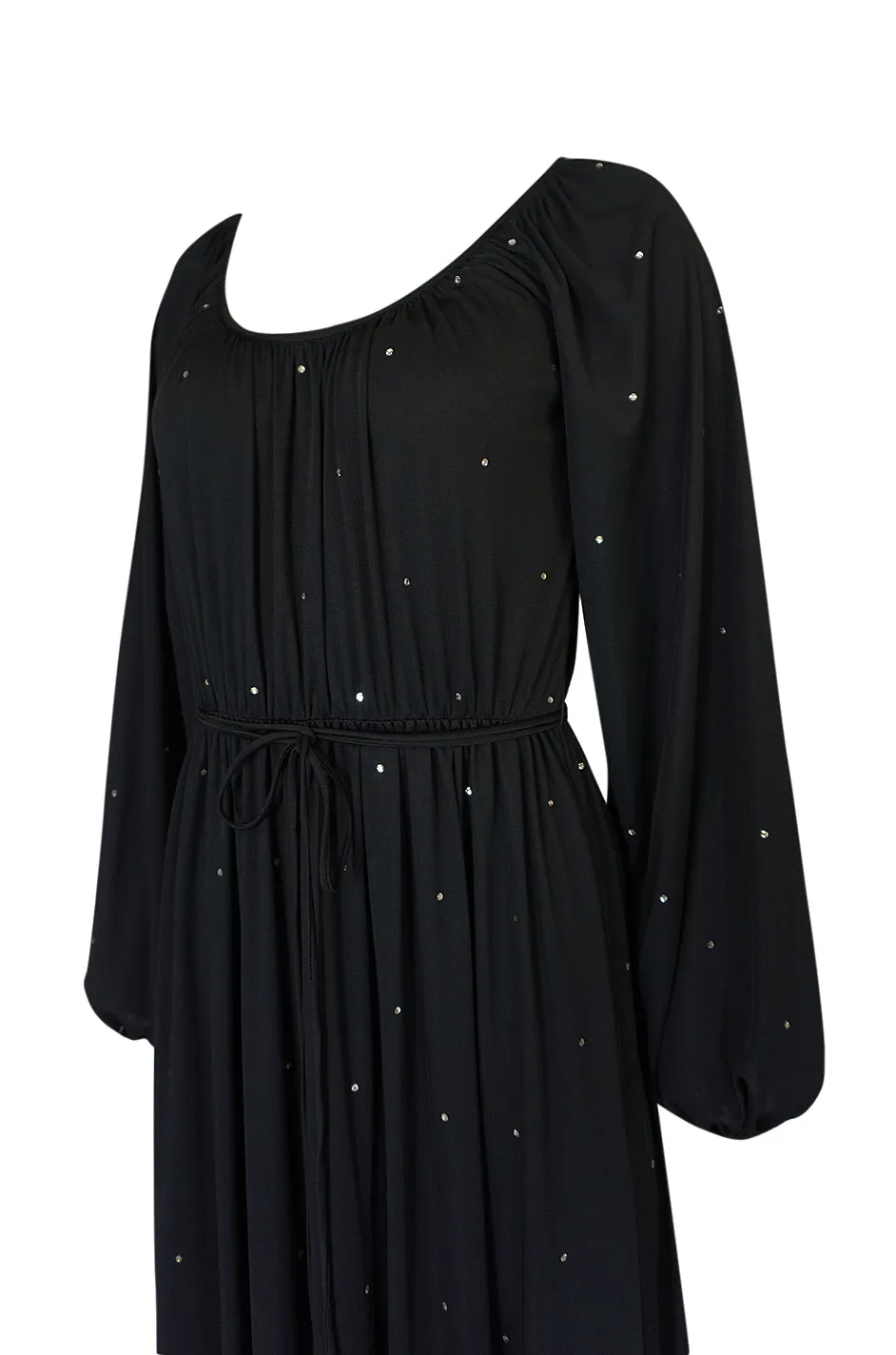 Documented c.1972 Donald Brooks Black Rhinestone Detailed Black Silk Jersey Dress