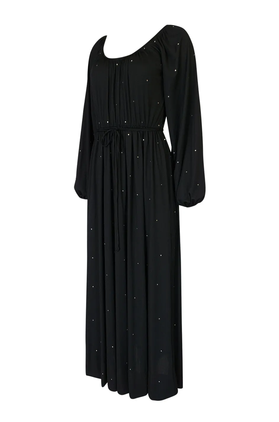 Documented c.1972 Donald Brooks Black Rhinestone Detailed Black Silk Jersey Dress