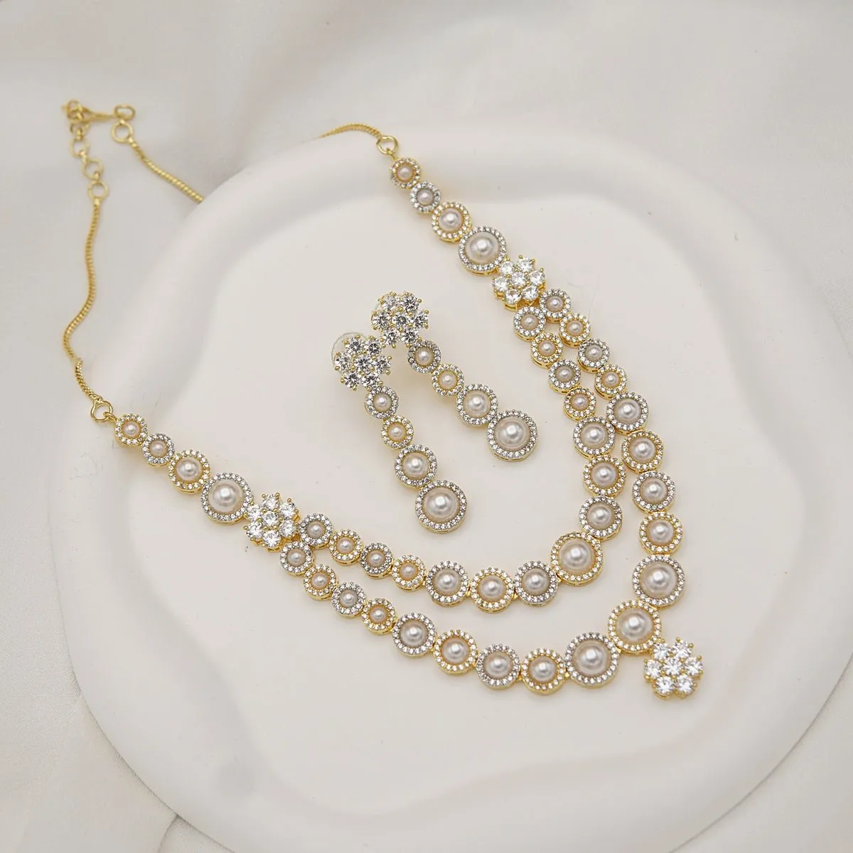 Double Necklace Pearl Zirconia Designer Set