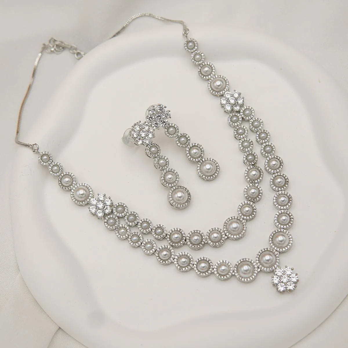 Double Necklace Pearl Zirconia Designer Set