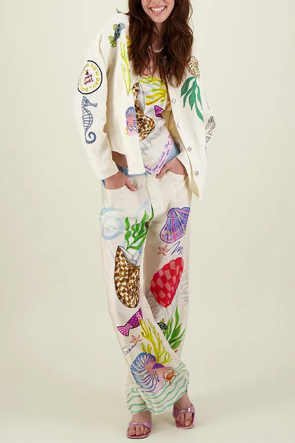 DREAM OCEAN SATIN UNIQUE PRINT BUTTON DOWN POCKET OVERSIZED BLOUSE