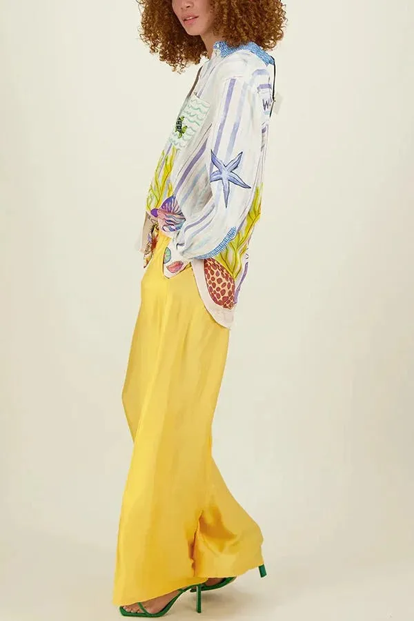 DREAM OCEAN SATIN UNIQUE PRINT BUTTON DOWN POCKET OVERSIZED BLOUSE