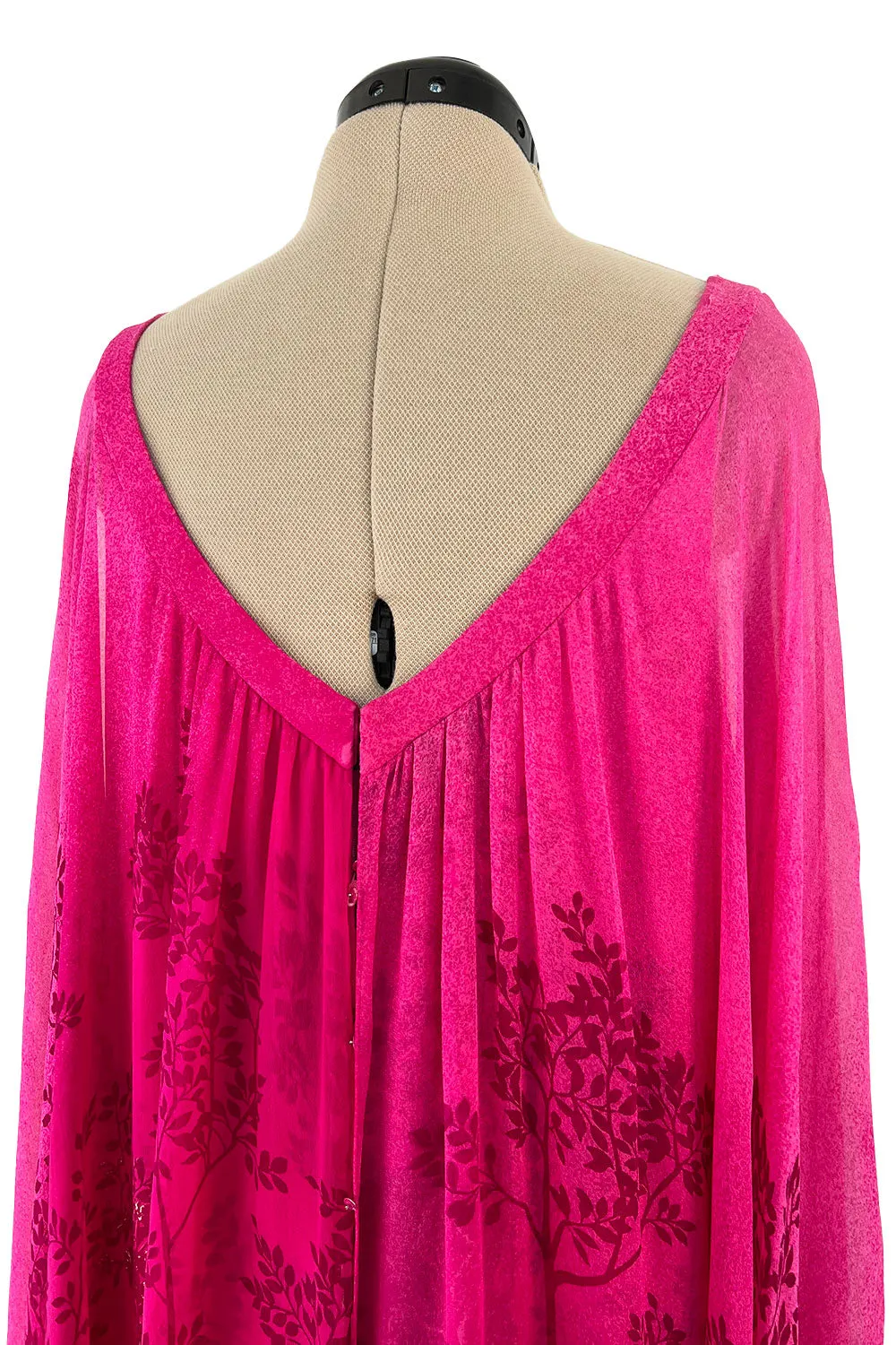 Dreamy 1970s Hanae Mori Pink Layered Bias Cut Silk Chiffon Caftan Dress w Floral Print
