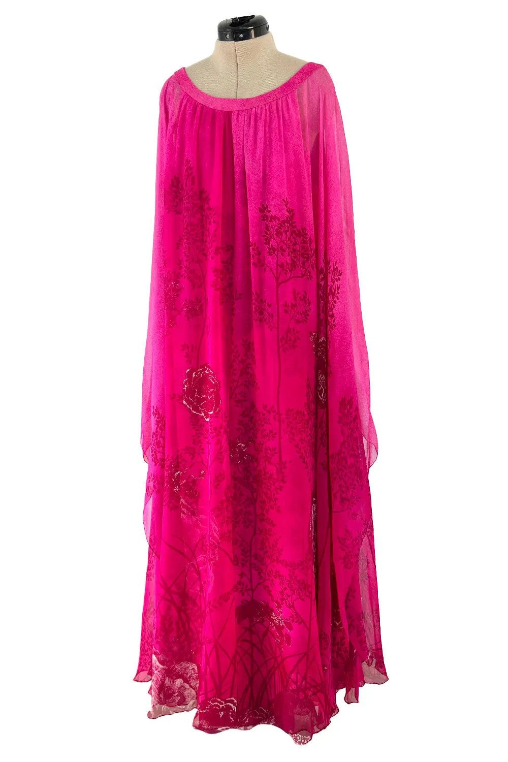 Dreamy 1970s Hanae Mori Pink Layered Bias Cut Silk Chiffon Caftan Dress w Floral Print