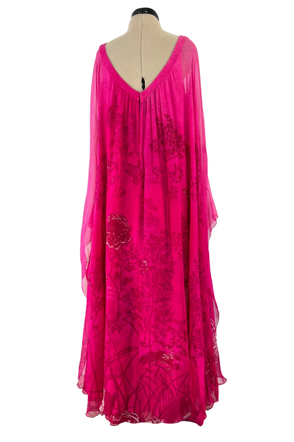 Dreamy 1970s Hanae Mori Pink Layered Bias Cut Silk Chiffon Caftan Dress w Floral Print