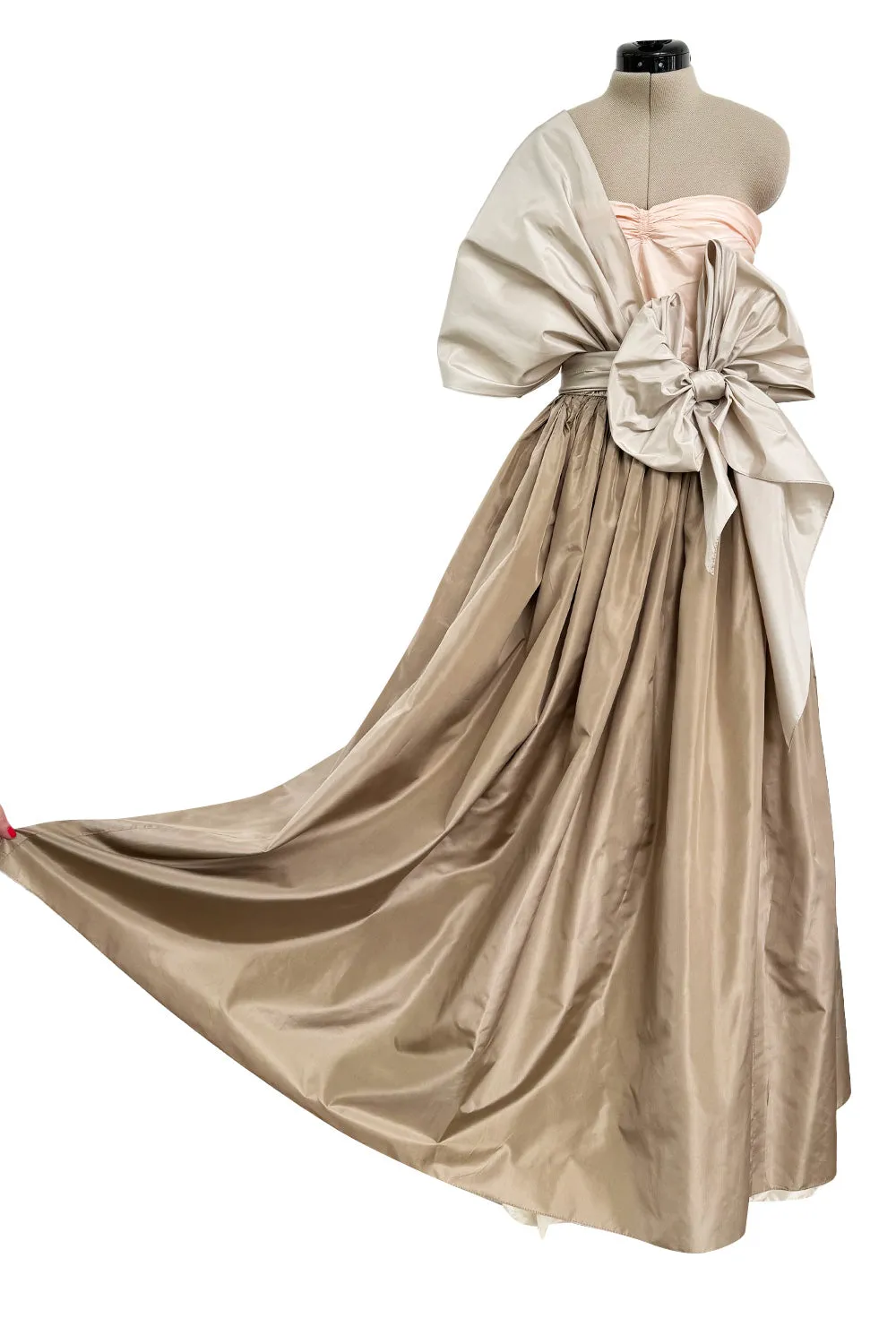 Dreamy Early 1980s Bill Blass Pink, Champagne  & Taupe Silk One Shoulder Dress w Full Skirt