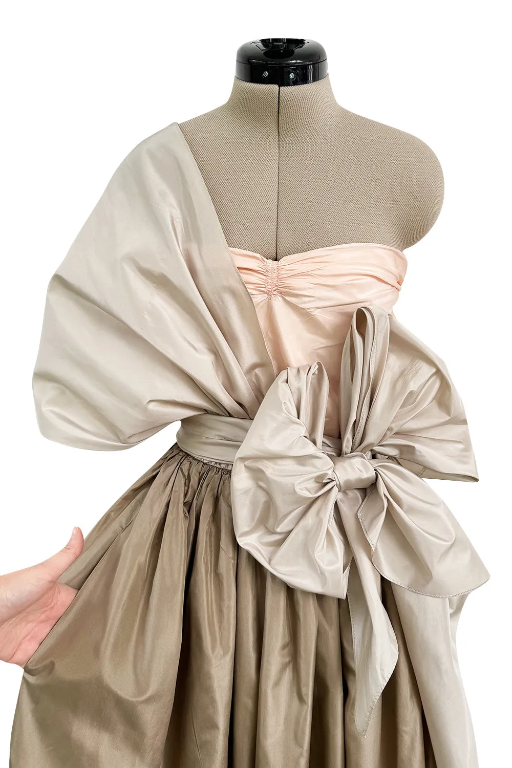 Dreamy Early 1980s Bill Blass Pink, Champagne  & Taupe Silk One Shoulder Dress w Full Skirt