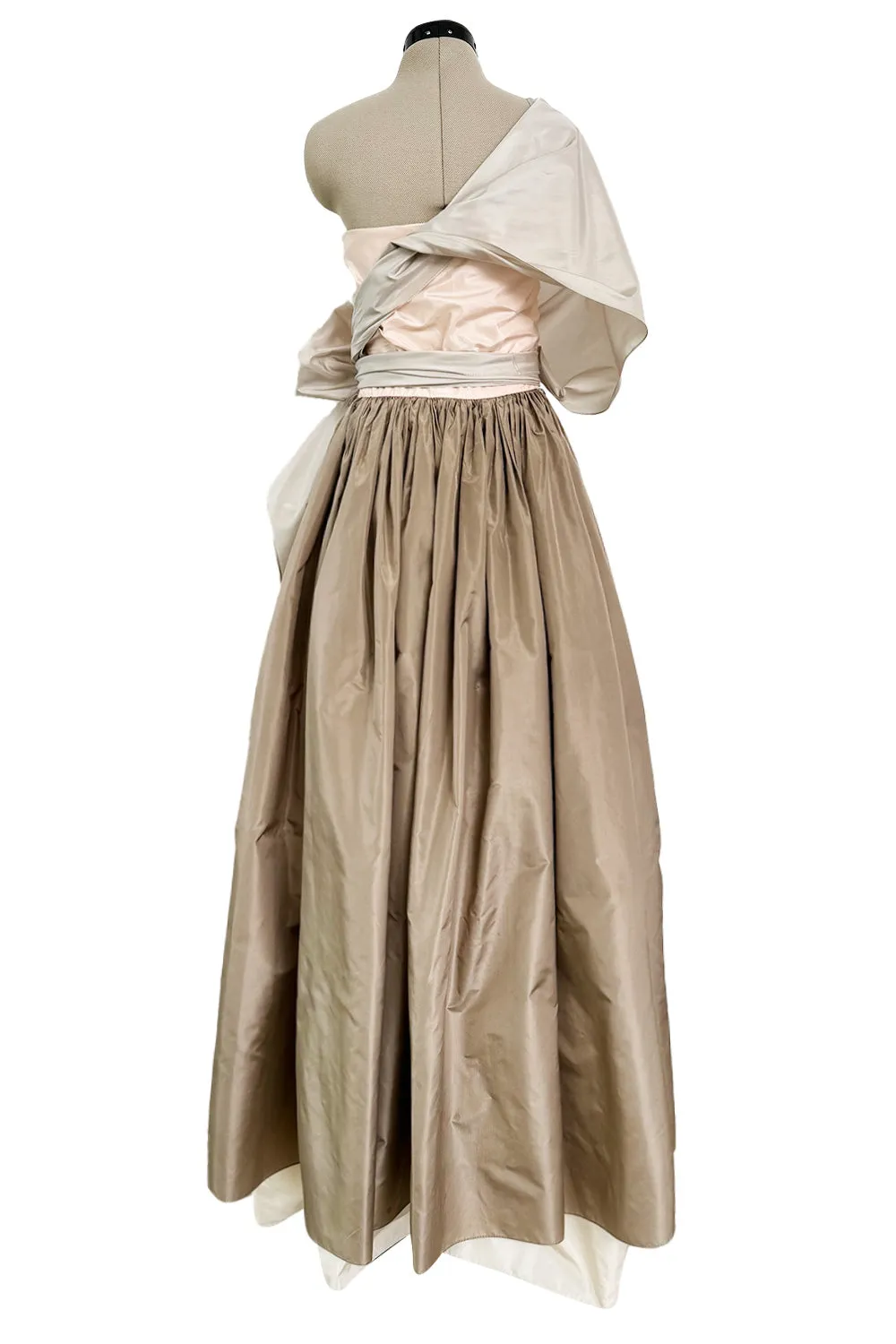 Dreamy Early 1980s Bill Blass Pink, Champagne  & Taupe Silk One Shoulder Dress w Full Skirt
