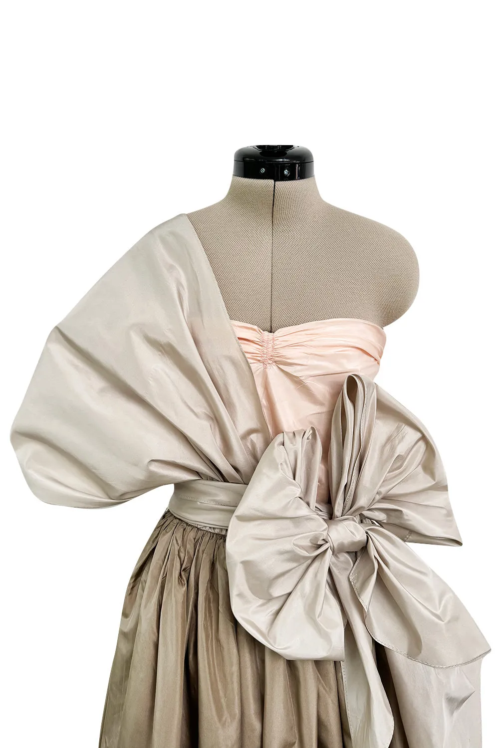 Dreamy Early 1980s Bill Blass Pink, Champagne  & Taupe Silk One Shoulder Dress w Full Skirt