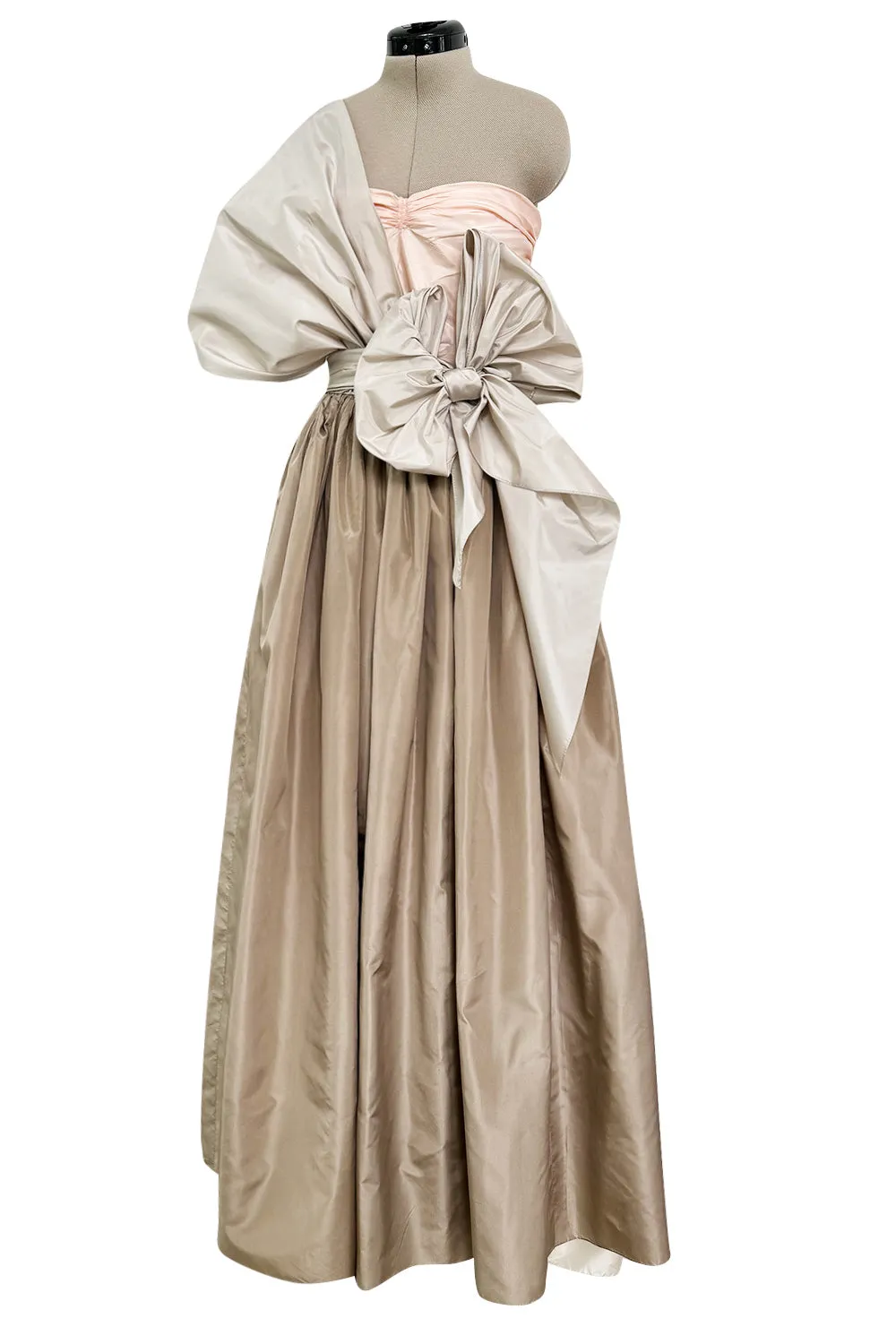 Dreamy Early 1980s Bill Blass Pink, Champagne  & Taupe Silk One Shoulder Dress w Full Skirt