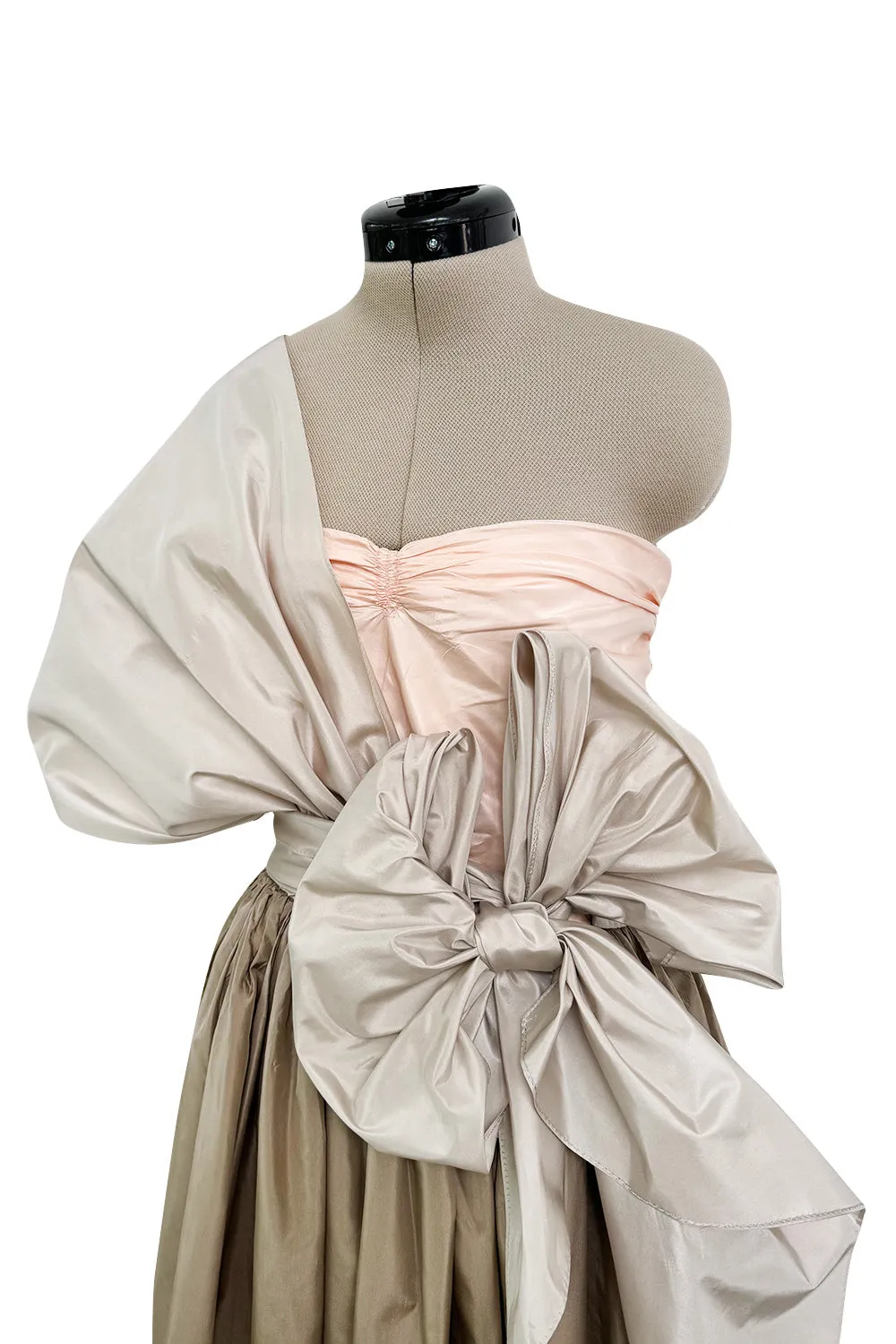 Dreamy Early 1980s Bill Blass Pink, Champagne  & Taupe Silk One Shoulder Dress w Full Skirt