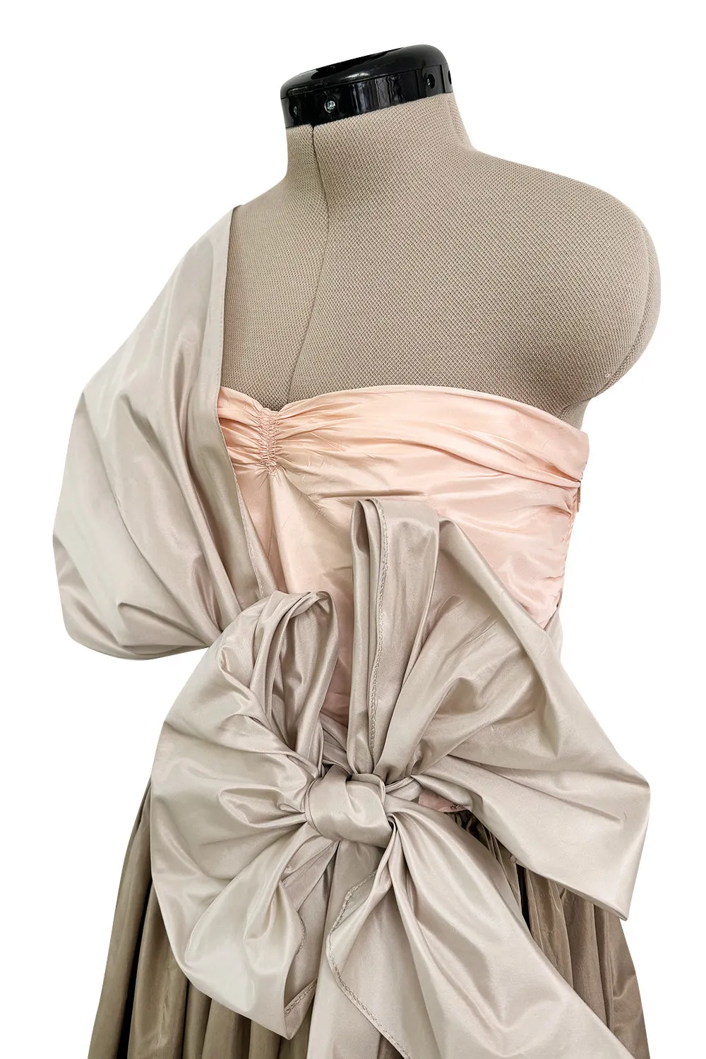 Dreamy Early 1980s Bill Blass Pink, Champagne  & Taupe Silk One Shoulder Dress w Full Skirt