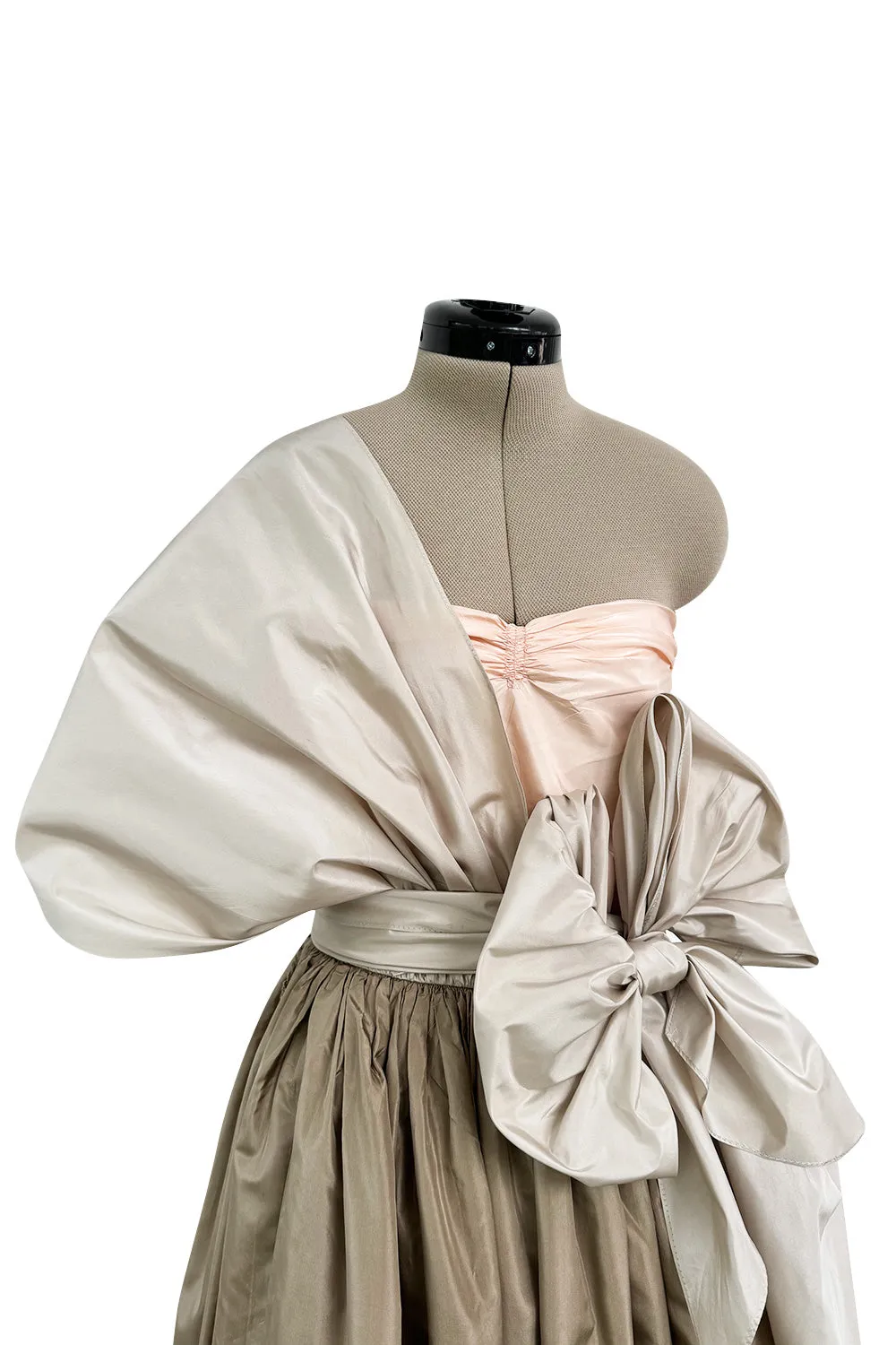 Dreamy Early 1980s Bill Blass Pink, Champagne  & Taupe Silk One Shoulder Dress w Full Skirt