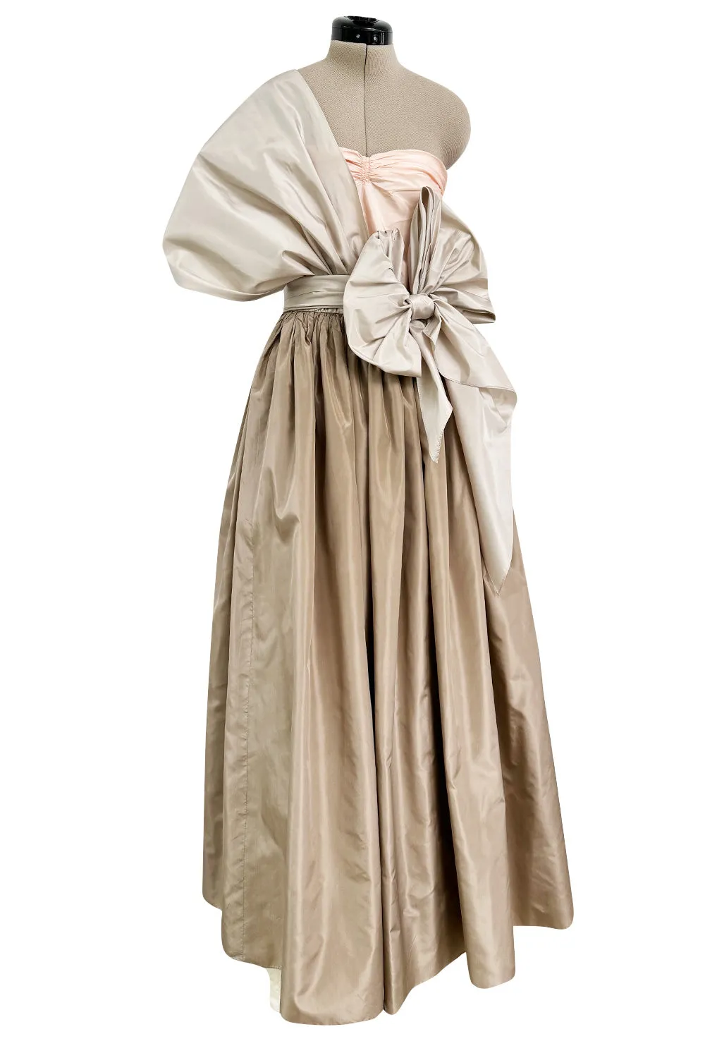 Dreamy Early 1980s Bill Blass Pink, Champagne  & Taupe Silk One Shoulder Dress w Full Skirt
