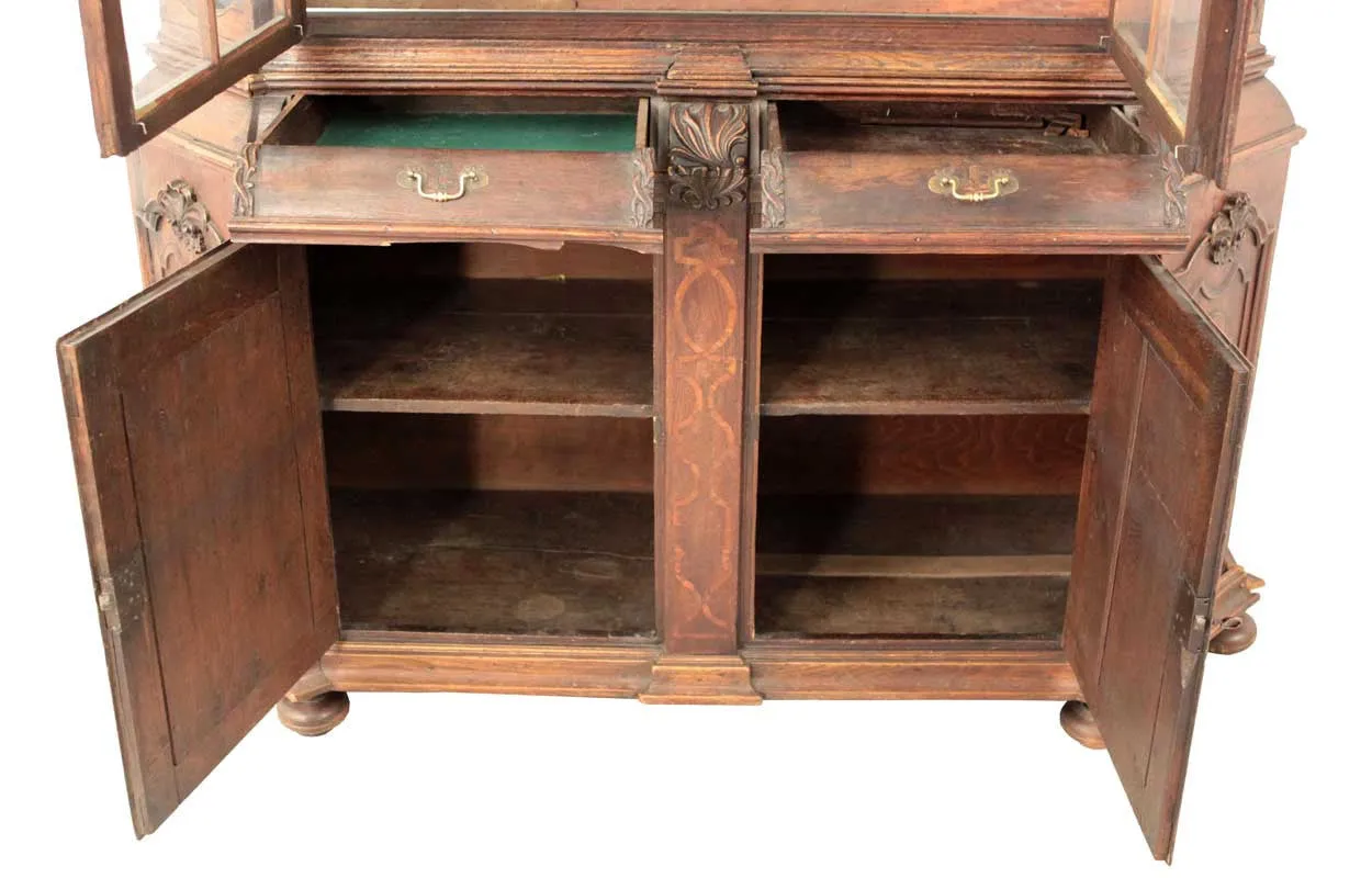 Dutch Baroque Inlaid Oak and Glass Display Cabinet