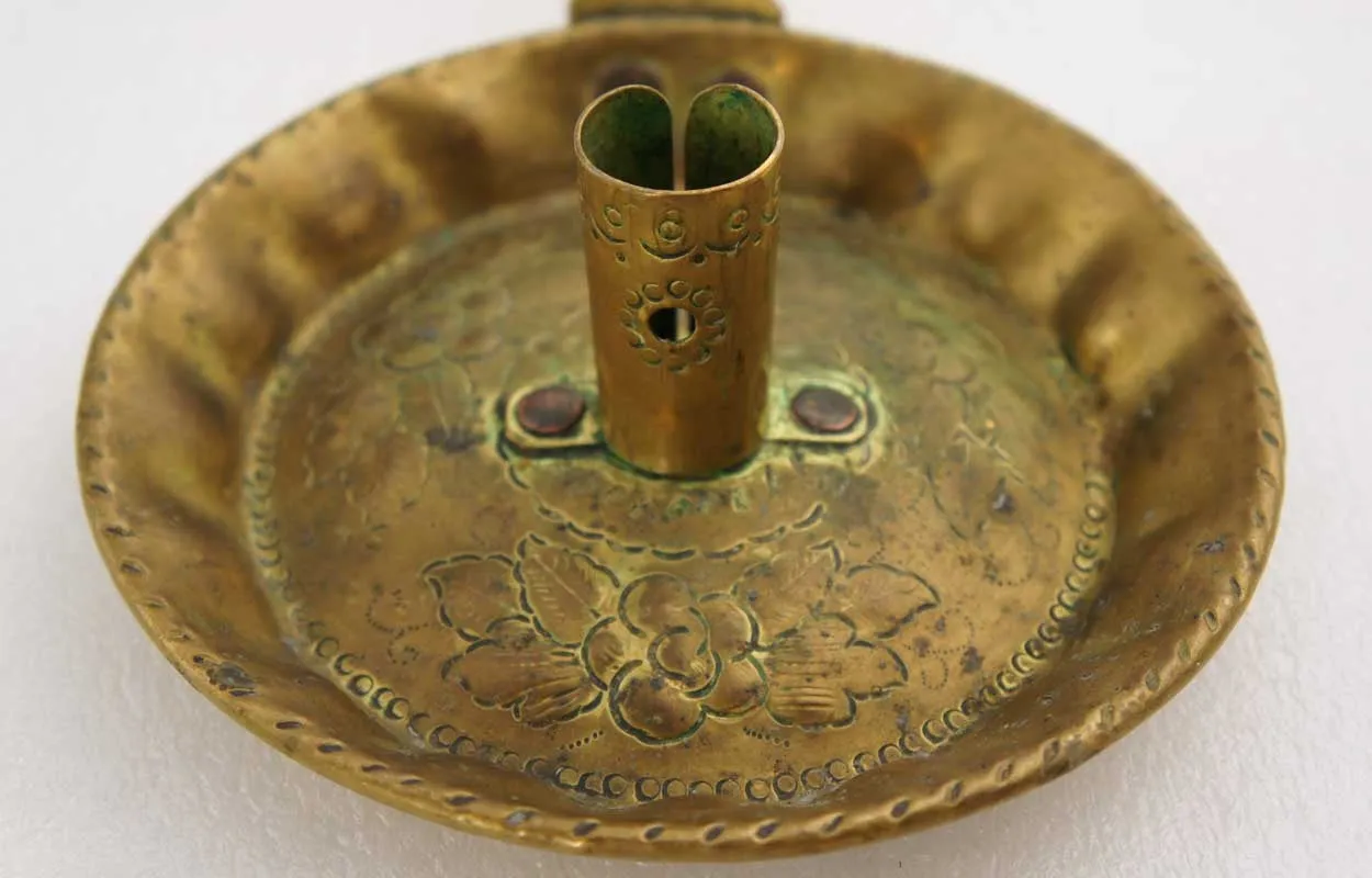 Dutch or Scandinavian Hand Stamped Sheet Brass Pan Chamberstick