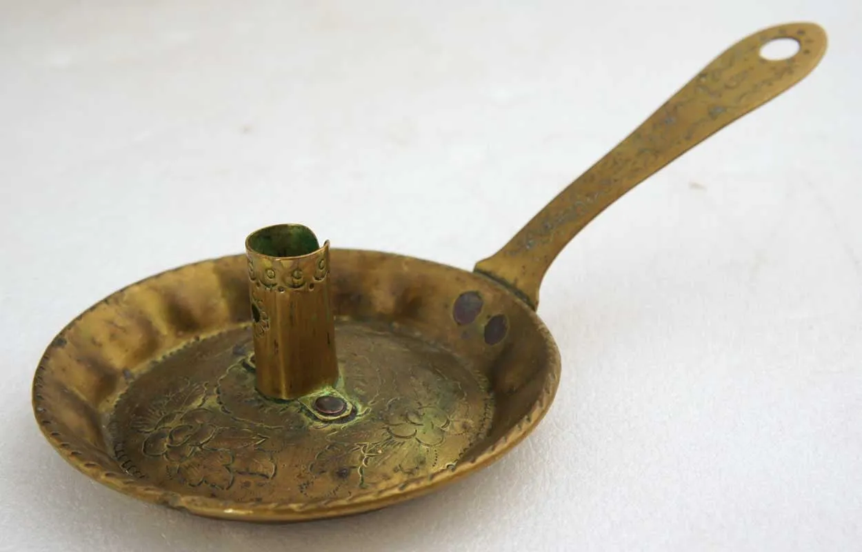 Dutch or Scandinavian Hand Stamped Sheet Brass Pan Chamberstick