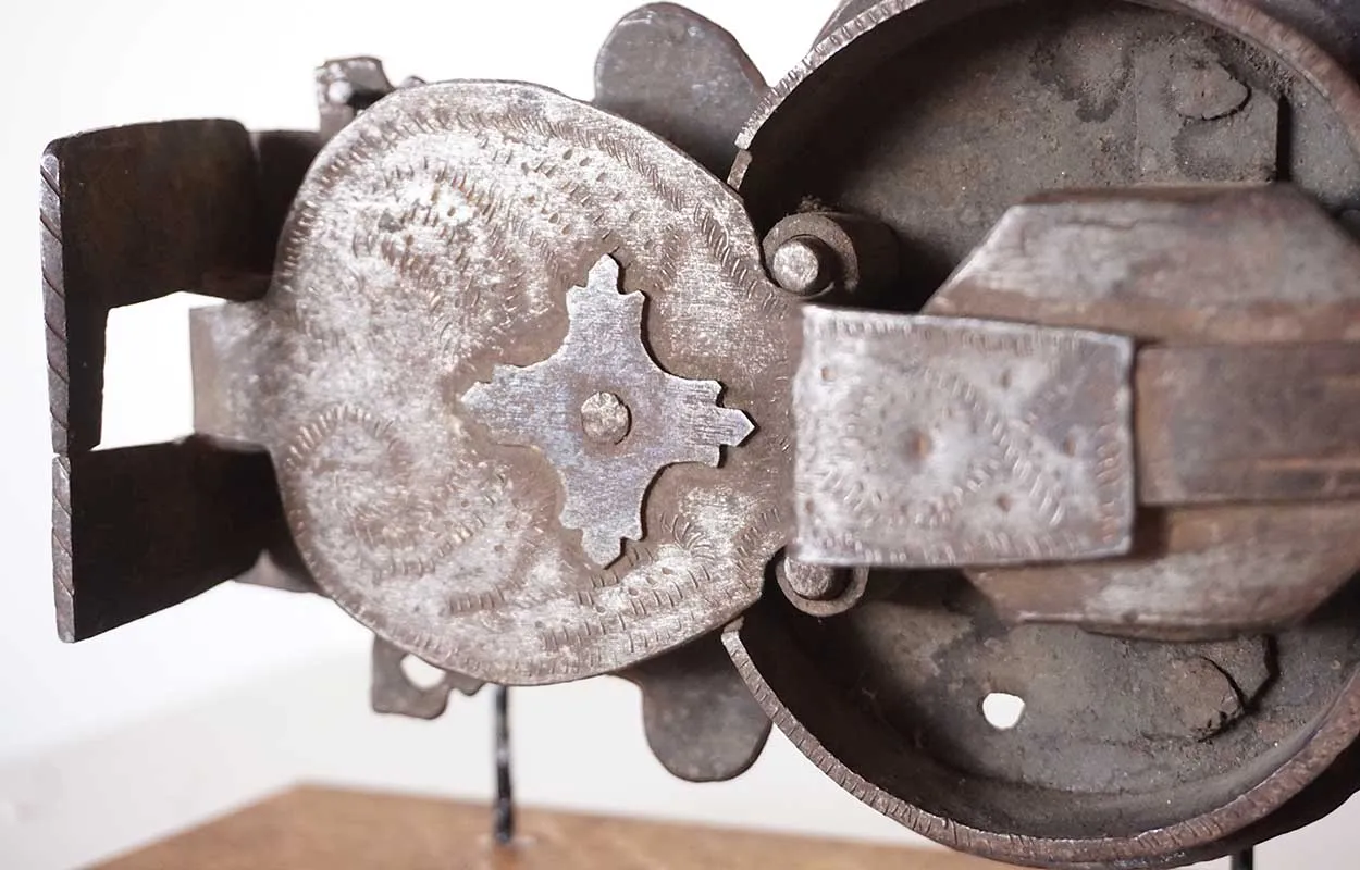 Early Continental Hand Forged and Chased Iron Cabinet Lock on Stand