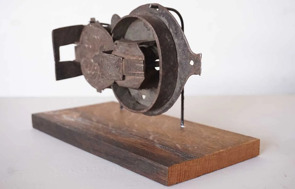 Early Continental Hand Forged and Chased Iron Cabinet Lock on Stand