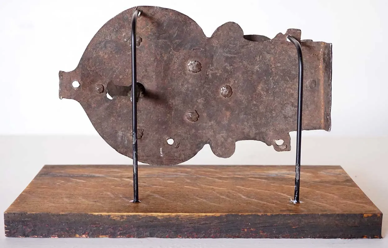 Early Continental Hand Forged and Chased Iron Cabinet Lock on Stand