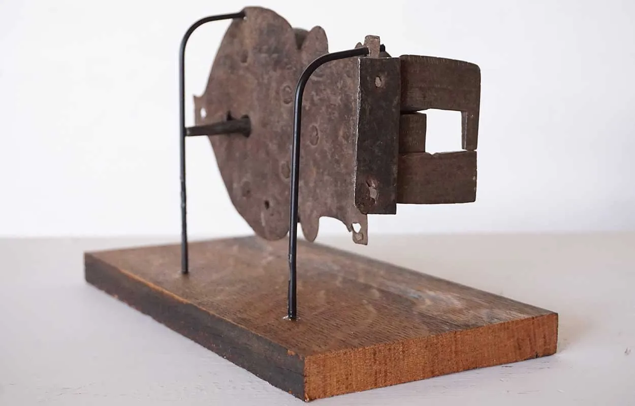 Early Continental Hand Forged and Chased Iron Cabinet Lock on Stand