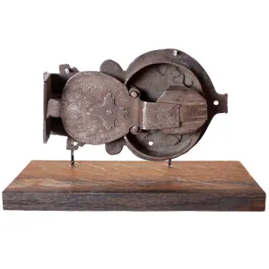 Early Continental Hand Forged and Chased Iron Cabinet Lock on Stand