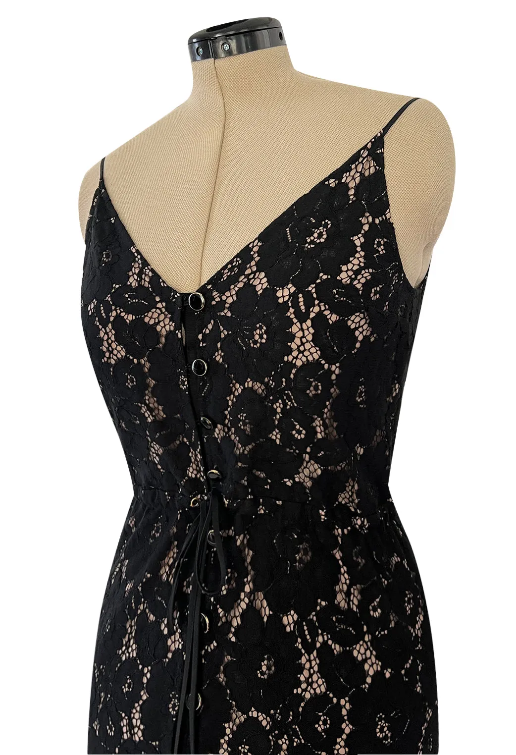 Easy to Wear 2010s Lanvin by Alber Elbaz Black Lace Illusion Dress w Button Front