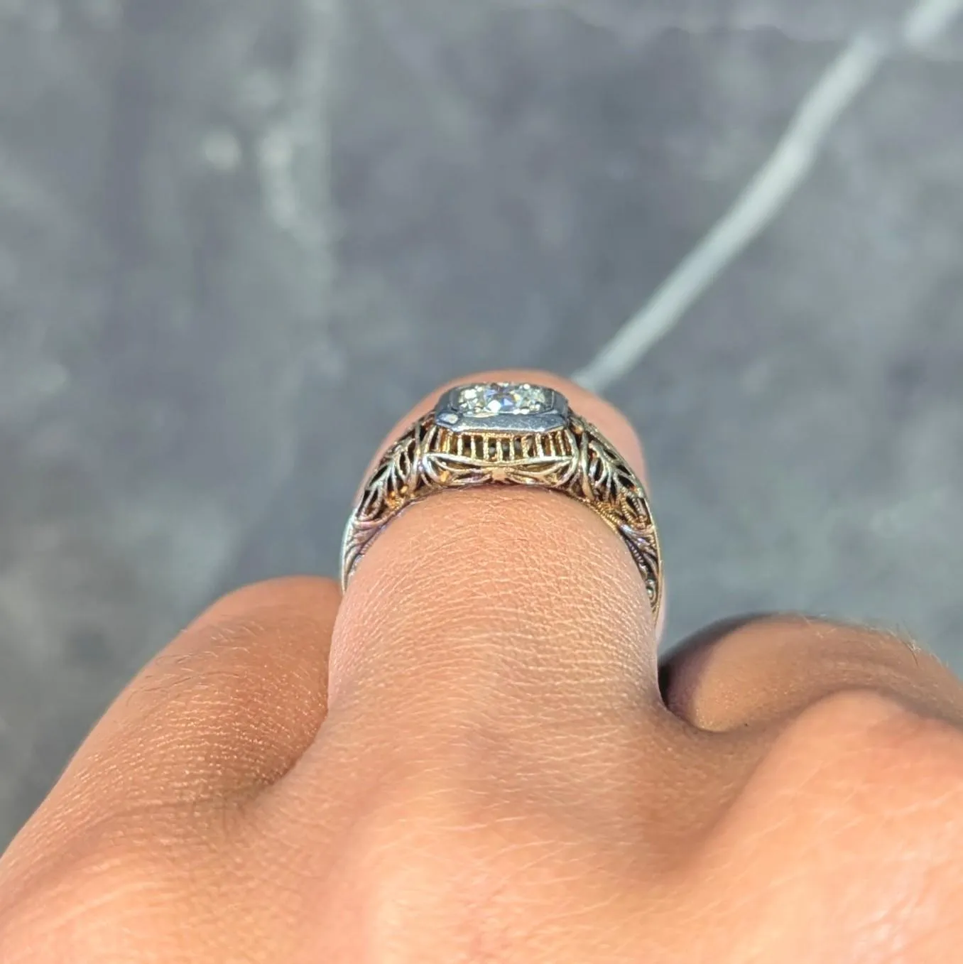 Edwardian 0.55 CTW Old European Diamond 14 Karat Two-Tone Gold Foliate Engagement Ring